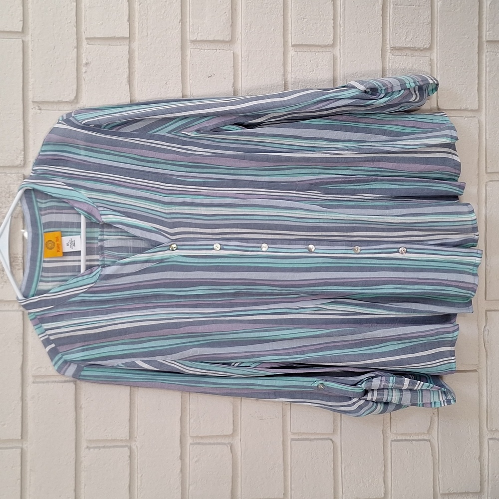 Ruby Rd. Blue/Green/White Striped Button-Up Blouse. Size XL NWOT